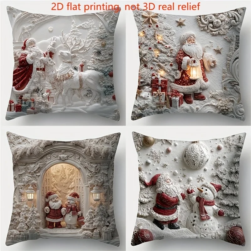 4Pcs Double‑Sided 2D Flat Christmas Pillow Covers, Santa Reindeer Snowman Tree Print Cushion Cases