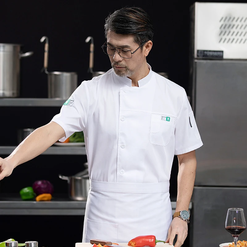 Chaquetas de Chef de manga corta para cocina, uniforme de Chef para restaurante, camisa con logotipo personalizado, servicio de panadería, vestido de Chef transpirable, delantal blanco para hombres
