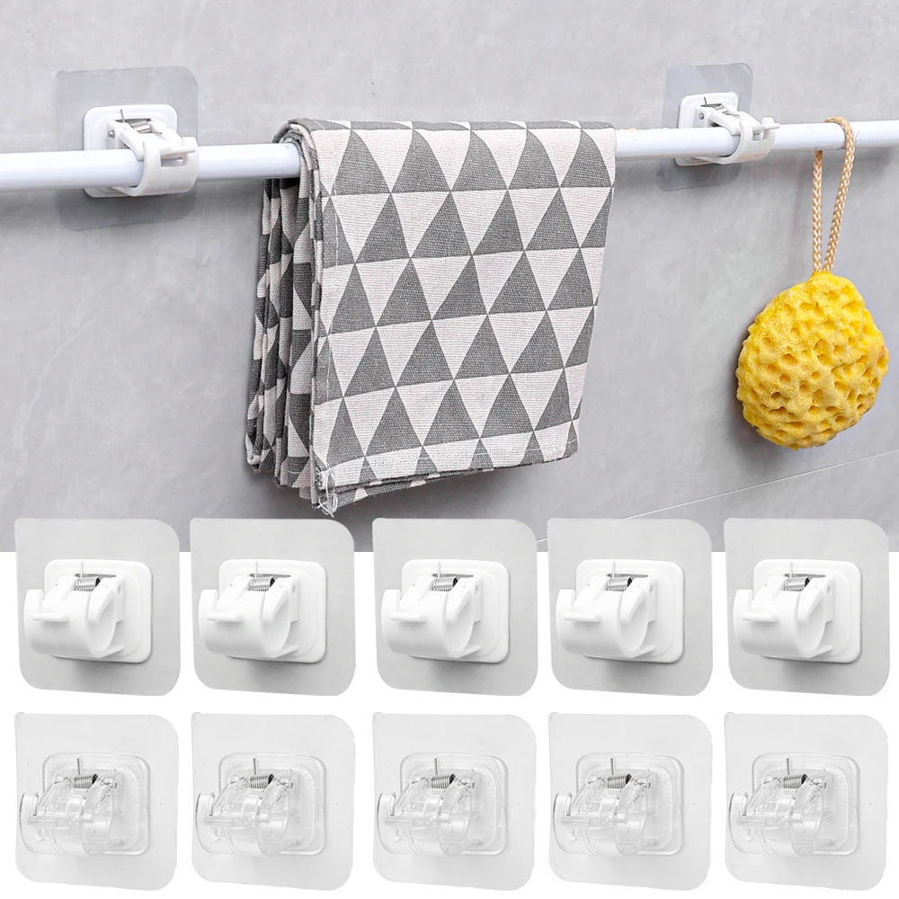 Self Adhesive Rail Hooks Nail-Free Curtain Clamp Rods Clips Hook Adjustable Shower Household Storage Hanging Stick Rack Holder