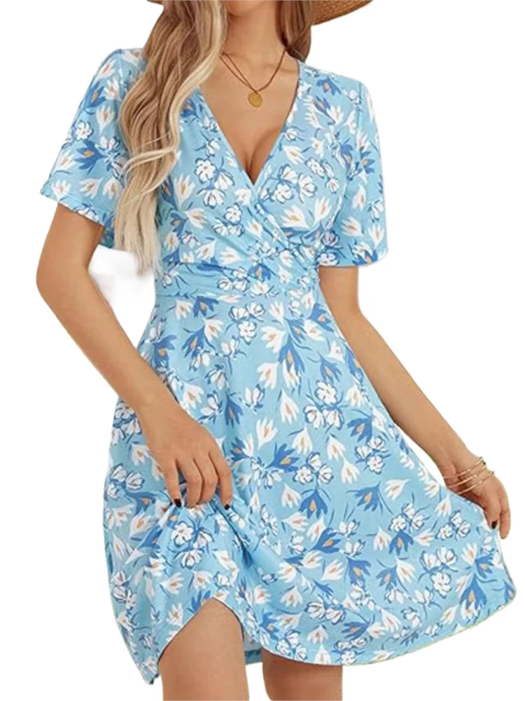 

Sexy Deep V Neck Dress Lady Fashion Floral Print Short Sleeve High Waist Loose Dresses For Women Casual Holiday Beach Skirts New