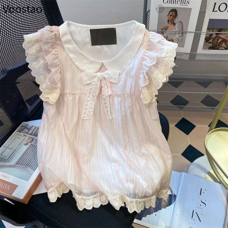 

Японские милые блузки в стиле Лолиты, женские каваи, воротник Питера Пэна, кружевной бант, оборки, рубашки с летающими рукавами, топы для девочек, Blusas Mujer