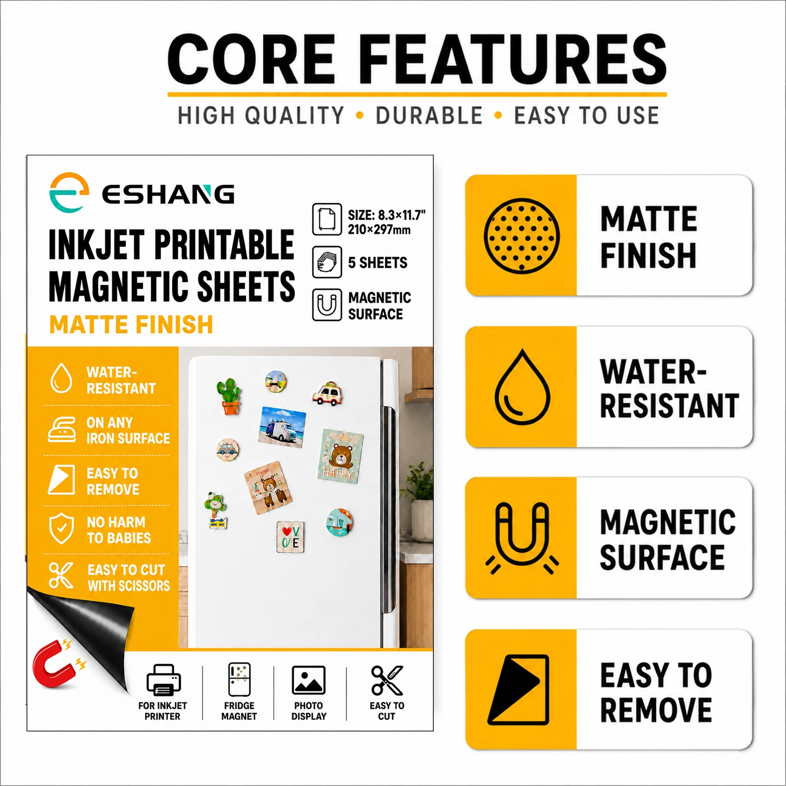 ESHANG 5 Sheets Matte Printable Magnetic Photo Paper A4, Inkjet Magnet Sheets for Fridge Photos, Crafts & Labels