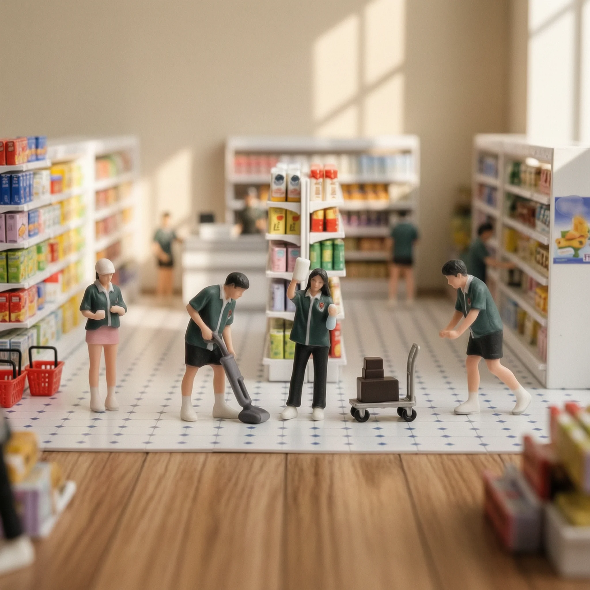 4 Pieces Convenience Store Worker Figurines Tiny 1:64 Scale Figures with Cart Figurines with Costumes Compact Mini Models