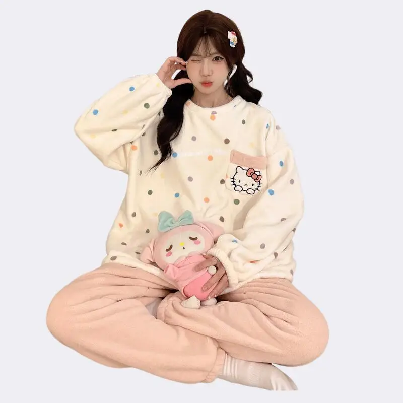 

Новая женская домашняя одежда в стиле аниме «Hello Kitty», милые пижамы с рисунком кота Kawaii для девочек, утепленная теплая одежда для подростков дома