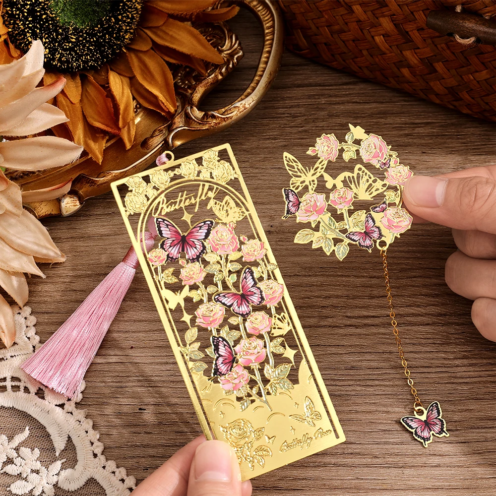 2 قطعة الإشارات المرجعية على شكل فراشة مع سلسلة معدنية تصميم مجوف ذهبي عتيق لمحبي الكتب ملحقات القراءة لوازم مكتبية #5