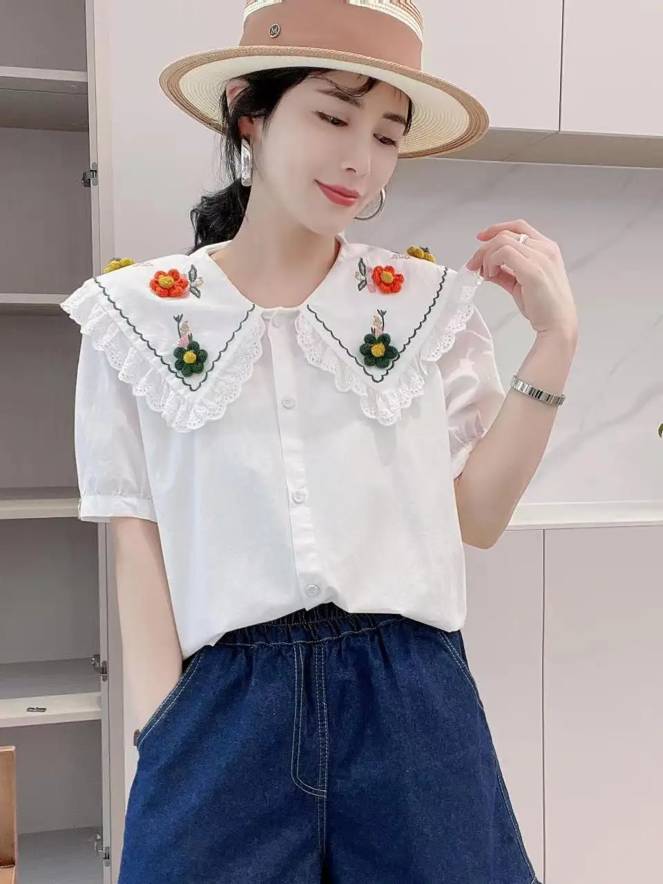 New Spring Cotton Loose Lace Shirt Women 3D Floral Short Sleeve Tops Girl Literature Casual Retro Blouses 2024 Summer T44607QM