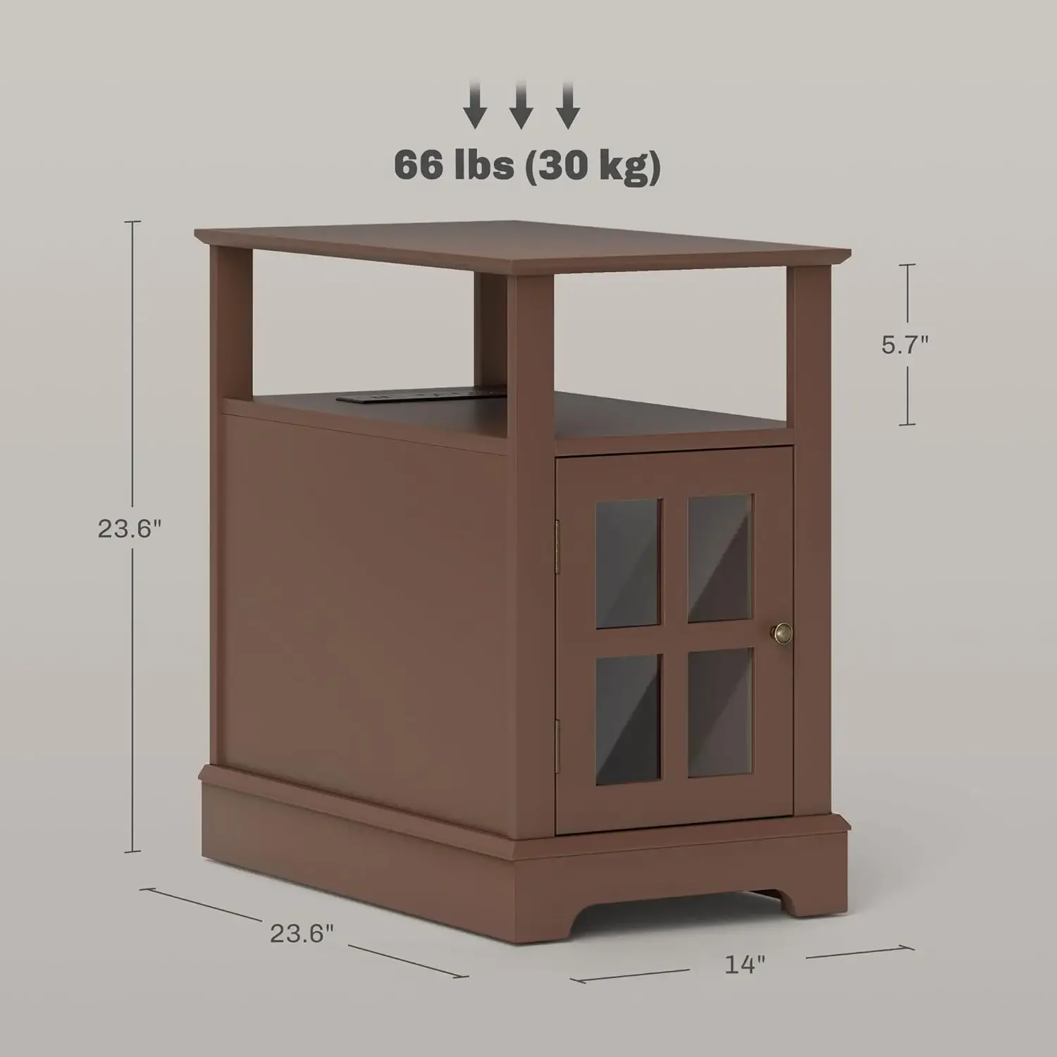 Mesa auxiliar estrecha con puertos USB y salidas, mesa pequeña con almacenamiento oculto, estación de carga