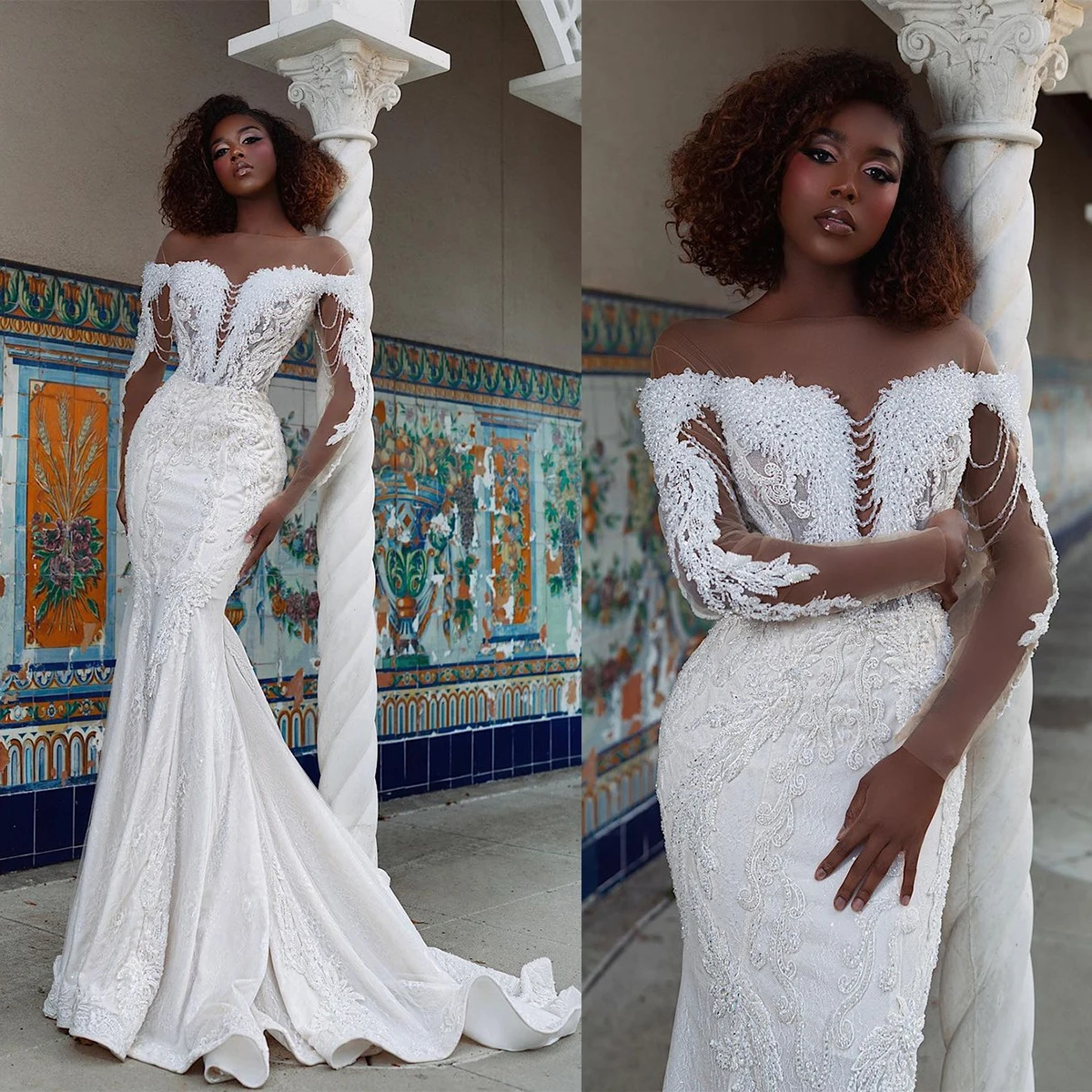 African Mermaid Bridal Gowns Sheer Neck Embroidery Wedding Dress Custom Made Lace Appliques Tassels Vestido de novia