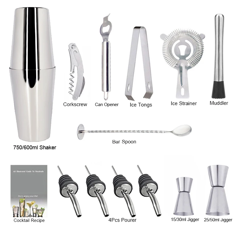 13Pcs Bartender Kit Cocktail Shaker Mixer Bar Tools 750/600ml Shakers With Cocktail Recipe Pourer Jigger