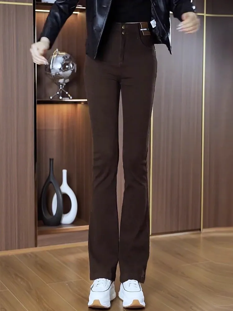 

Low Waist Fce Lined Flared Jeans Women's Coffee Color Slimming Small Size Winter Casual Sle Commute Wind Resistant Jeans