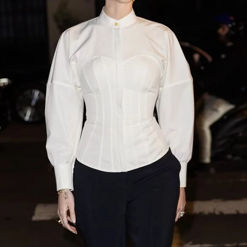 

25 New French retro court-style white shirt with a cinched waist and pleated design, stand-up collar long-sleeved top