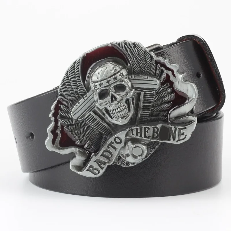 Fashion Hip Hop Style Belt Death\'s Head Skull Buckle Cowskin Leather Belt Crossbones Skeleton Reggae Heavy Metal Rock Decorative