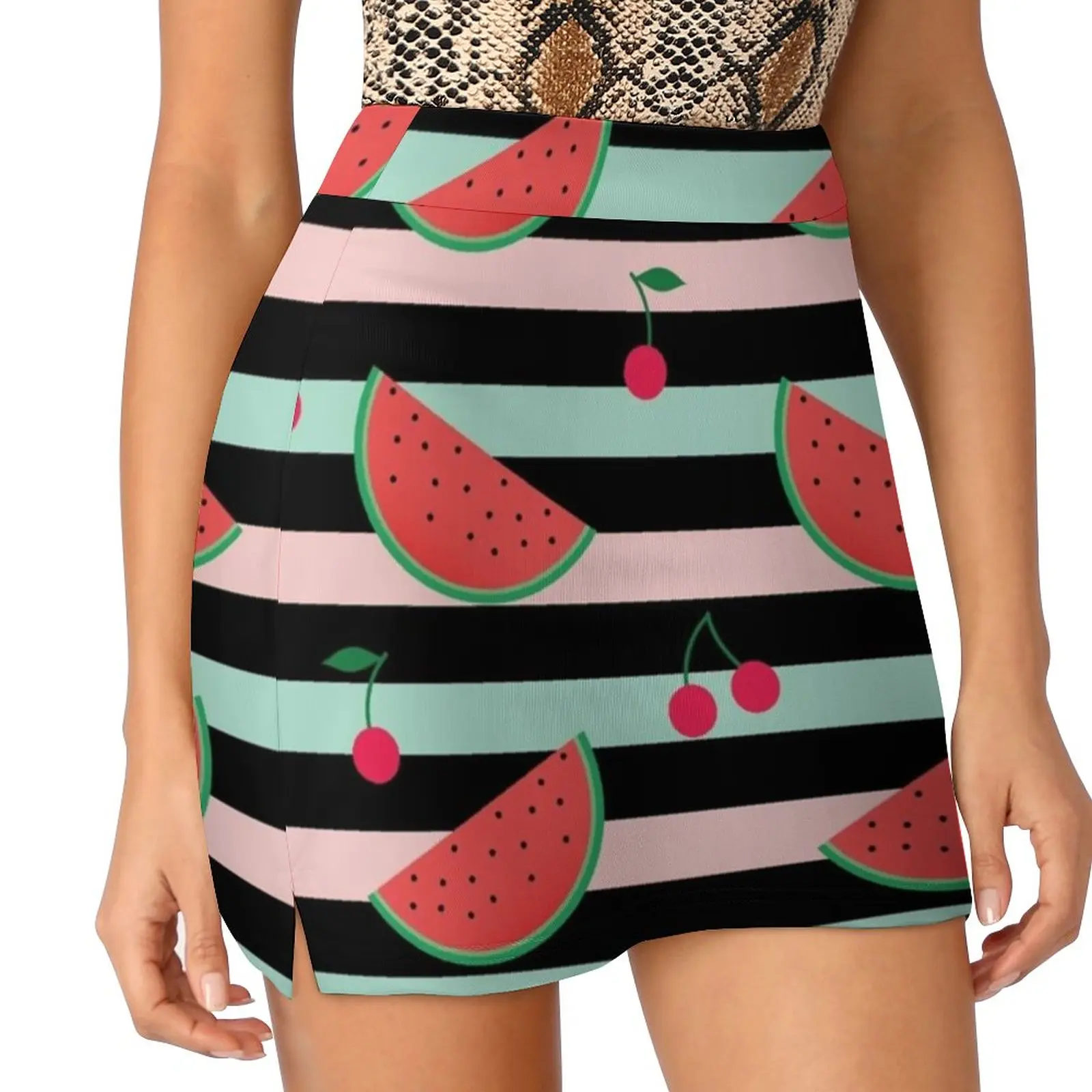 Pattern With Watermelon And Red Cherries On Striped The Women's skirt With Hide Pocket Tennis Skirt Golf Skirts Badminton