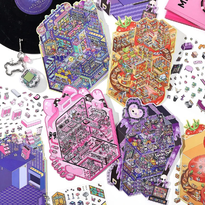 4pcs/bag 2.5D oversized scenery stickers clinic ballroom ghost inn tomato express scenery miniature scene decompression