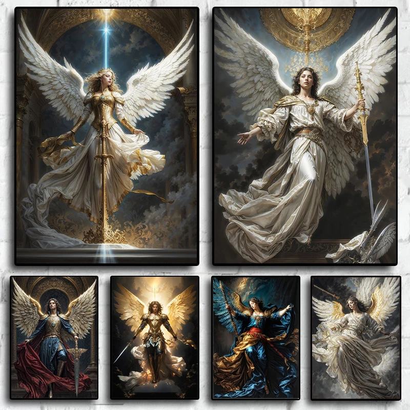 Archangels Heavenly Angels Female Poster Golden Wings Canvas Painting Wall Art Picture for Living Room Home Decor Mural