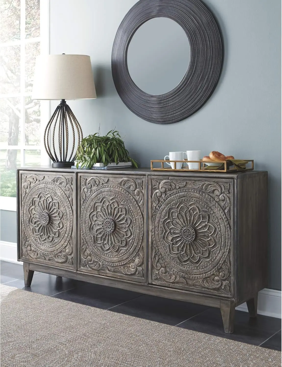 Fair Ridge Boho Hand Carved Wood Accent Cabinet Or Tv Stand, Dark Gray