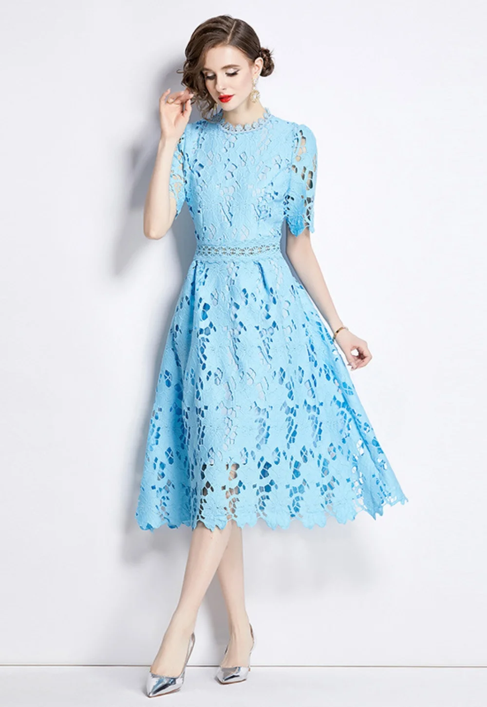 

Women's Elegant Retro Crew Neck Dress Short Sleeves Lace Hollow Slim Cocktail Gown Party Midi Dresses