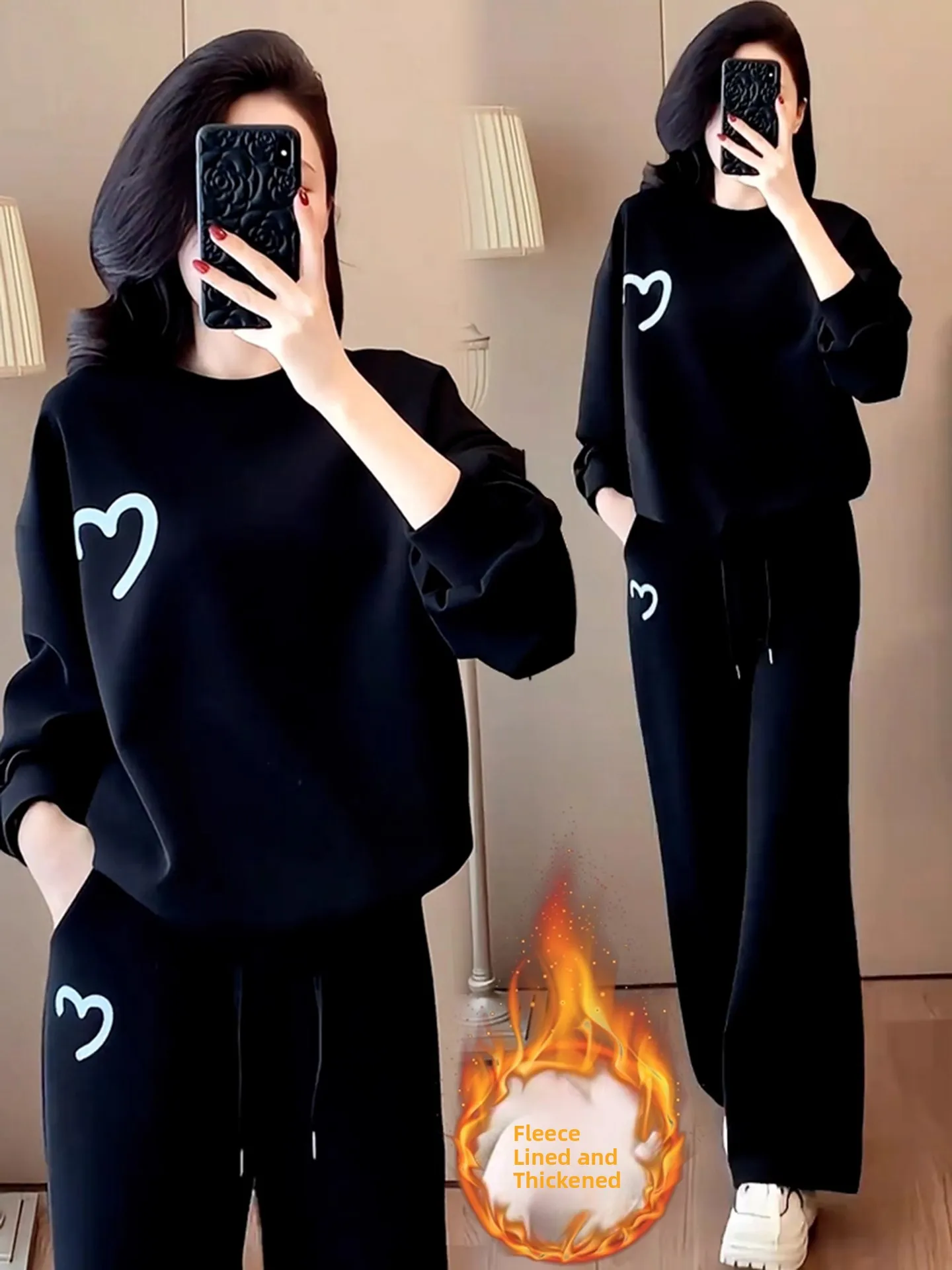 

Женский повседневный комплект с подкладкой Fce, свободные широкие брюки, длинный свитшот све, осенне-зимний модный утягивающий наряд