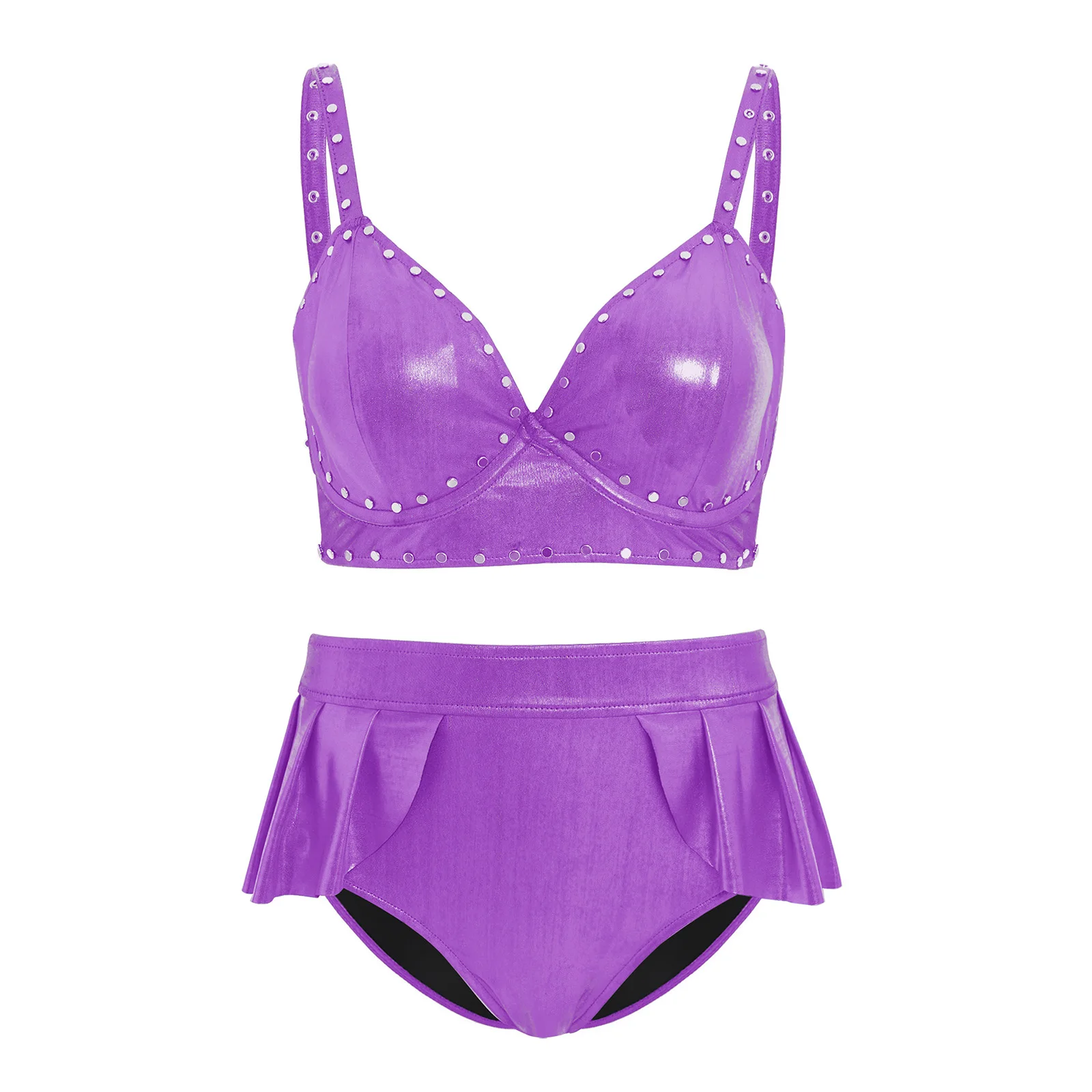 

Womens Nice Metallic Shiny Swimsuit Padded Underwire Rivets Decorated Bikini Camisole Bra Tops And Briefs 2-piece Bathing Suit