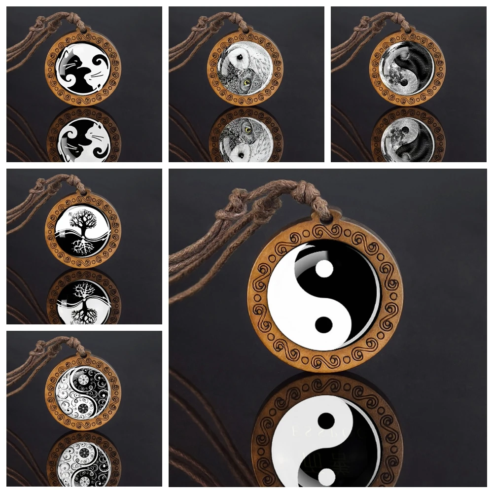 Yinyang Taichi Wooden Necklace Yin Yang Cat Tree Glass Pendant Adjustable Rope Chain Necklaces Black White Retro Jewelry Gift