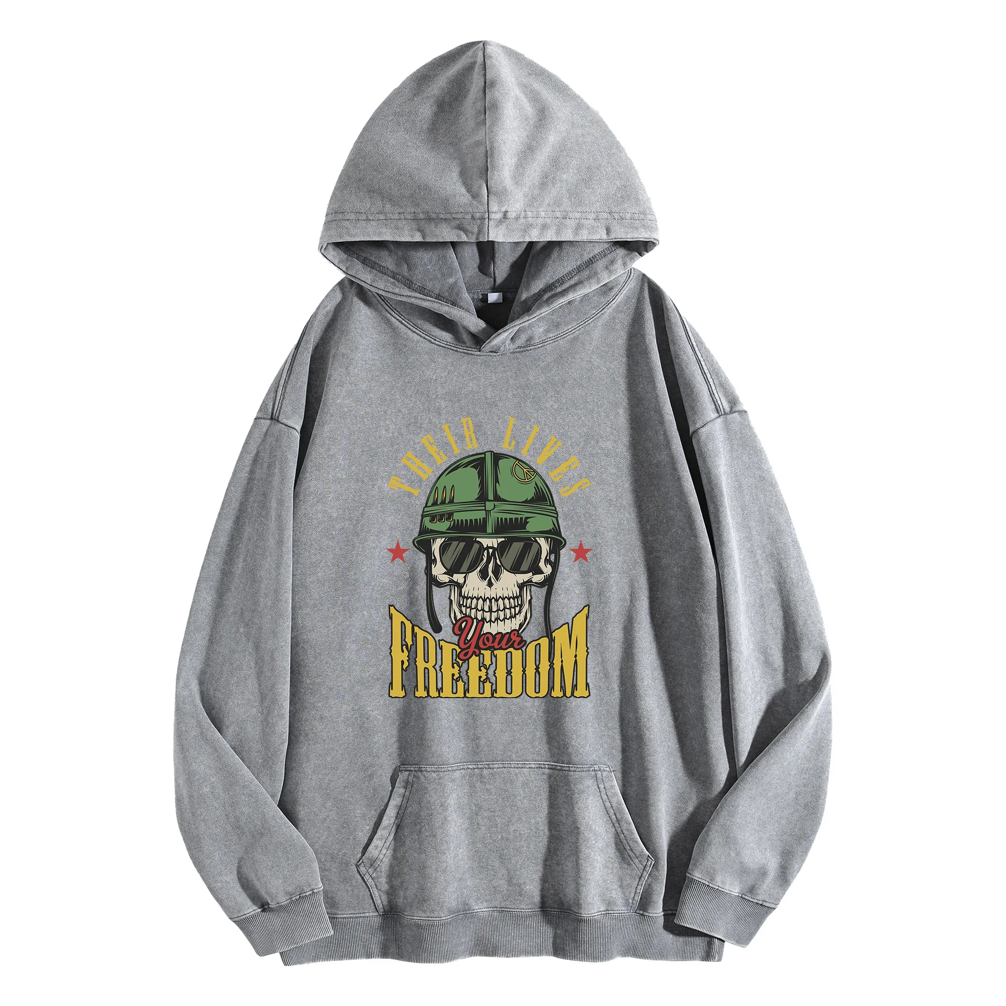 الهيكل العظمي الجندي الرسم طباعة 400G خمر غسلها هوديي للجنسين المتضخم الشارع الشهير البلوز مجموعة الخريف/الشتاء