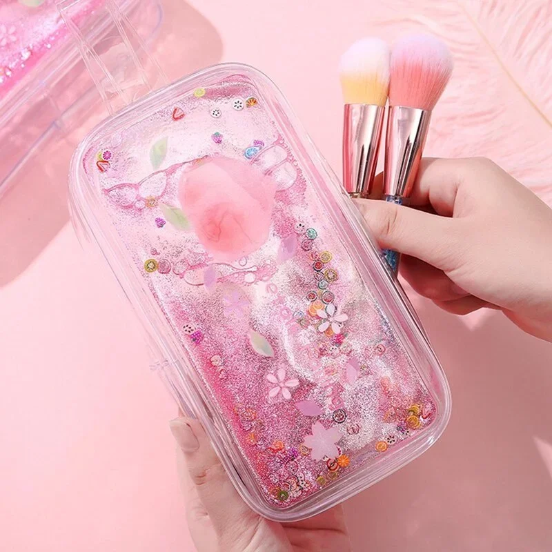 1 pz Kawaii Quicksand Peach Pencil Case borsa ad alta capacità custodia Glitter trasparente per ragazze Pen Box