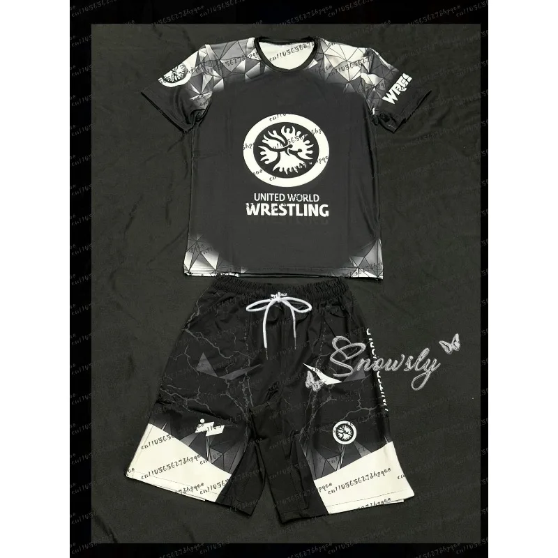 2026 العصرية الرياضية اللياقة البدنية تنفس بلوزات وسراويل قصيرة مجموعة للرجال والنساء سرعة التجفيف القتال التدريب الجري بأكمام قصيرة #2