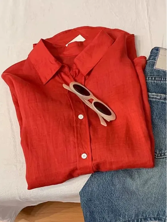 Red Linen Long Sve Women's irt Sun Protection Spring Summer Casual Sle High End New Arrival  Collar Button Detail