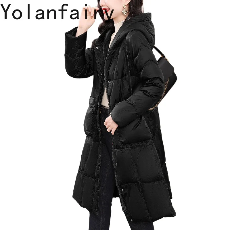 

YOLANFAIRY Новая элегантная женская зимняя куртка с капюшоном из 90% белого утиного пуха, теплый пуховик, женское пуховое пальто с капюшоном, Manteau Femme