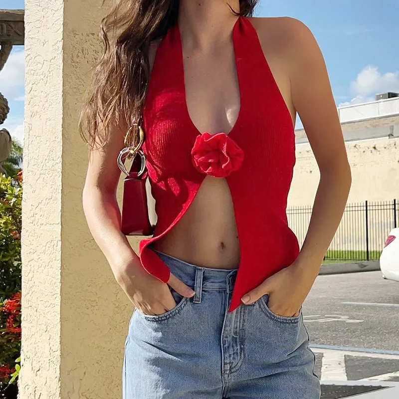 Summer New Fashion Style Spicy Girl Sexy Slim Fit Flower Design Hanging Neck Knitted Tank Top for Women CSM69-4