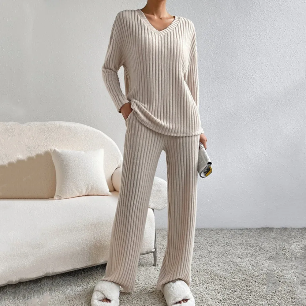 Women's Autumn and Winter Suit Fashion Casual Pit Strip Wool V-Neck Top and Straight Pants Solid Color Sweater Two-Piece Set