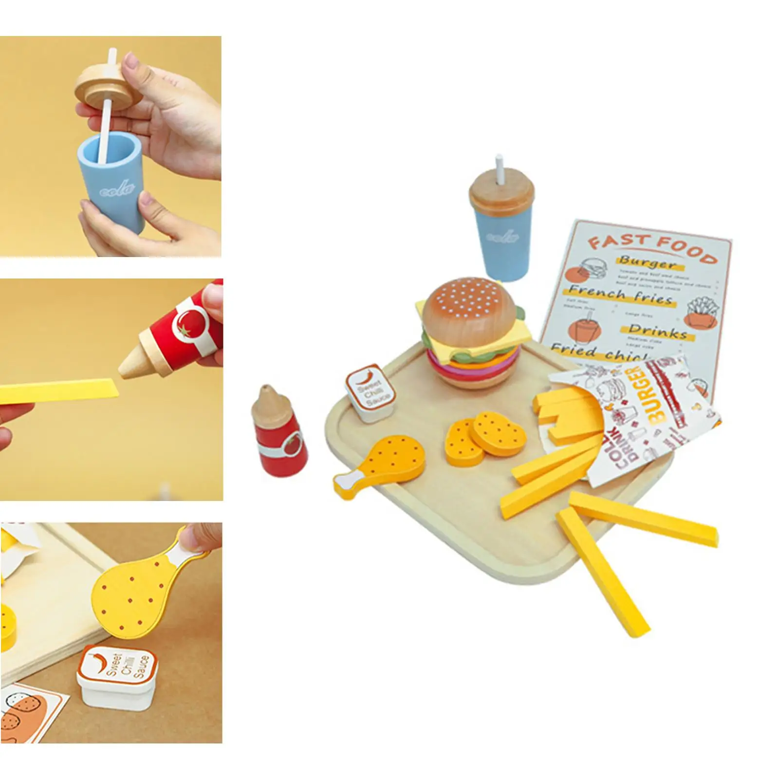 Ensemble de nourriture de cuisine en bois pour enfants, jouet à empiler, frites Cola, hamburger parfait, tout-petits, enfants