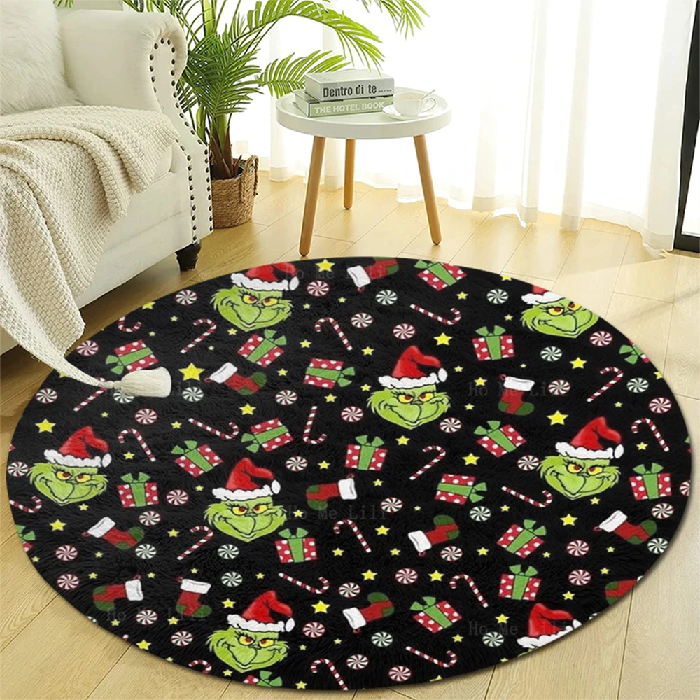 Candy Cane Snowflakes And Stars Stocking Gift Merry Christmas Festival Round Carpet