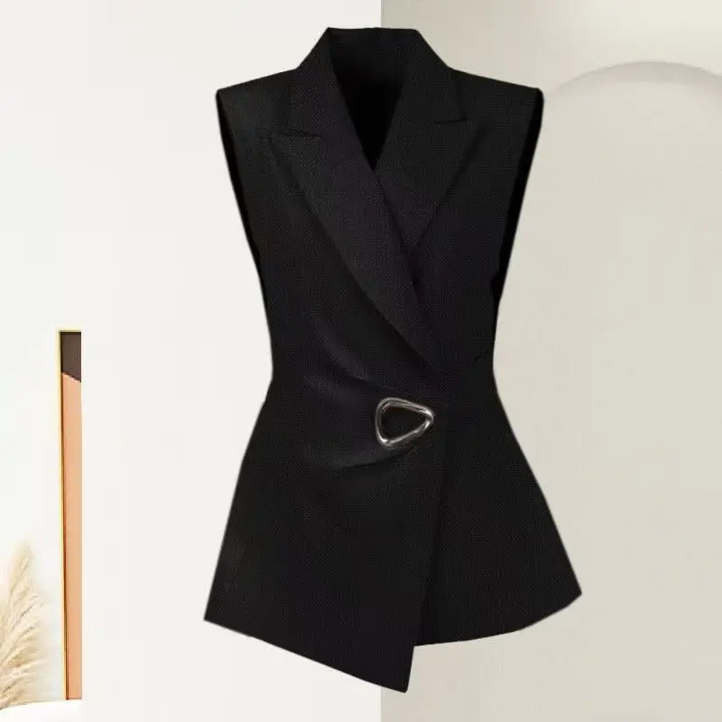 High-End Temperament Fashion New Suit Vest Women's Versatile And Thin Irregular French Niche Sleeveless Vest Top Black