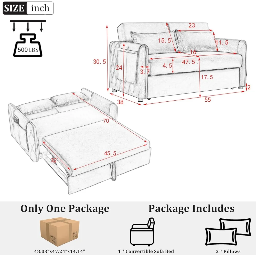 3 in 1 Pull Out Convertible Sofa Bed-Velvet Sleeper Sofa with 3Level Adjustable Backrest,Tufted Love Seat w/ 2Pockets ＆ 2Pillows