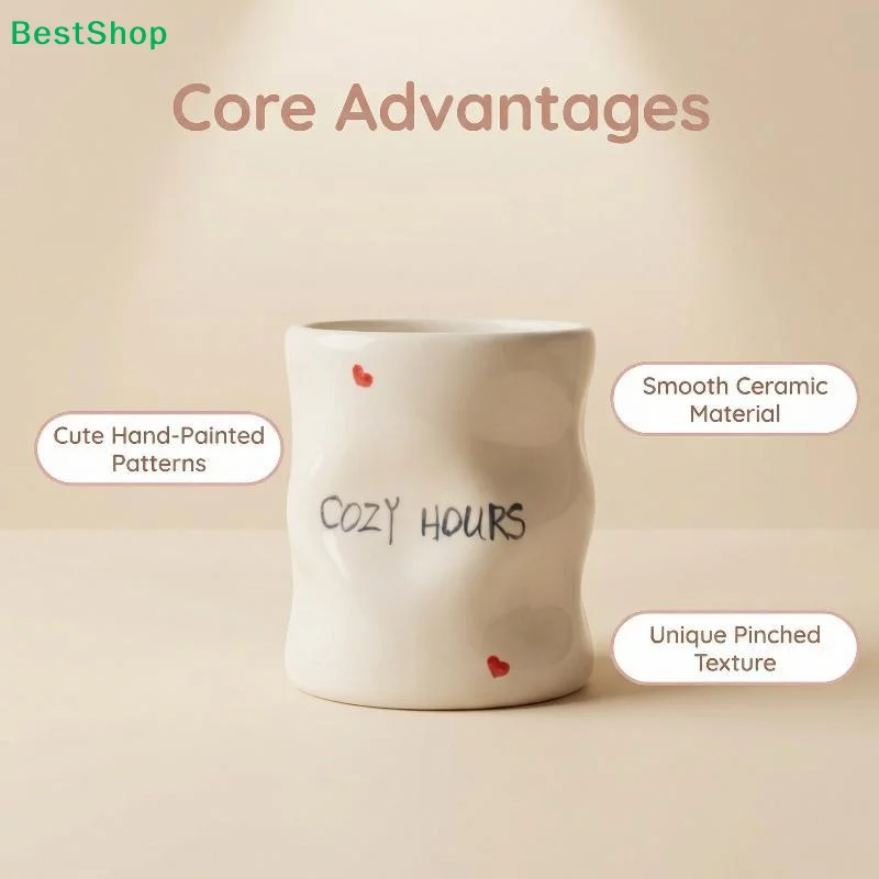 ♬Hand Painted Striped Heart Ceramic Mug Irregular Wrinkle Shape Ins Style Coffee Cup For Home Office Afternoon Tea Time Use
