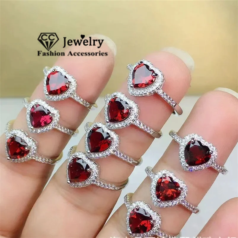 CC Heart Rings for Women Red Zirconia Stone Silver Color Romantic Love Fashion Jewelry Wedding Party Cute Accessories CC829