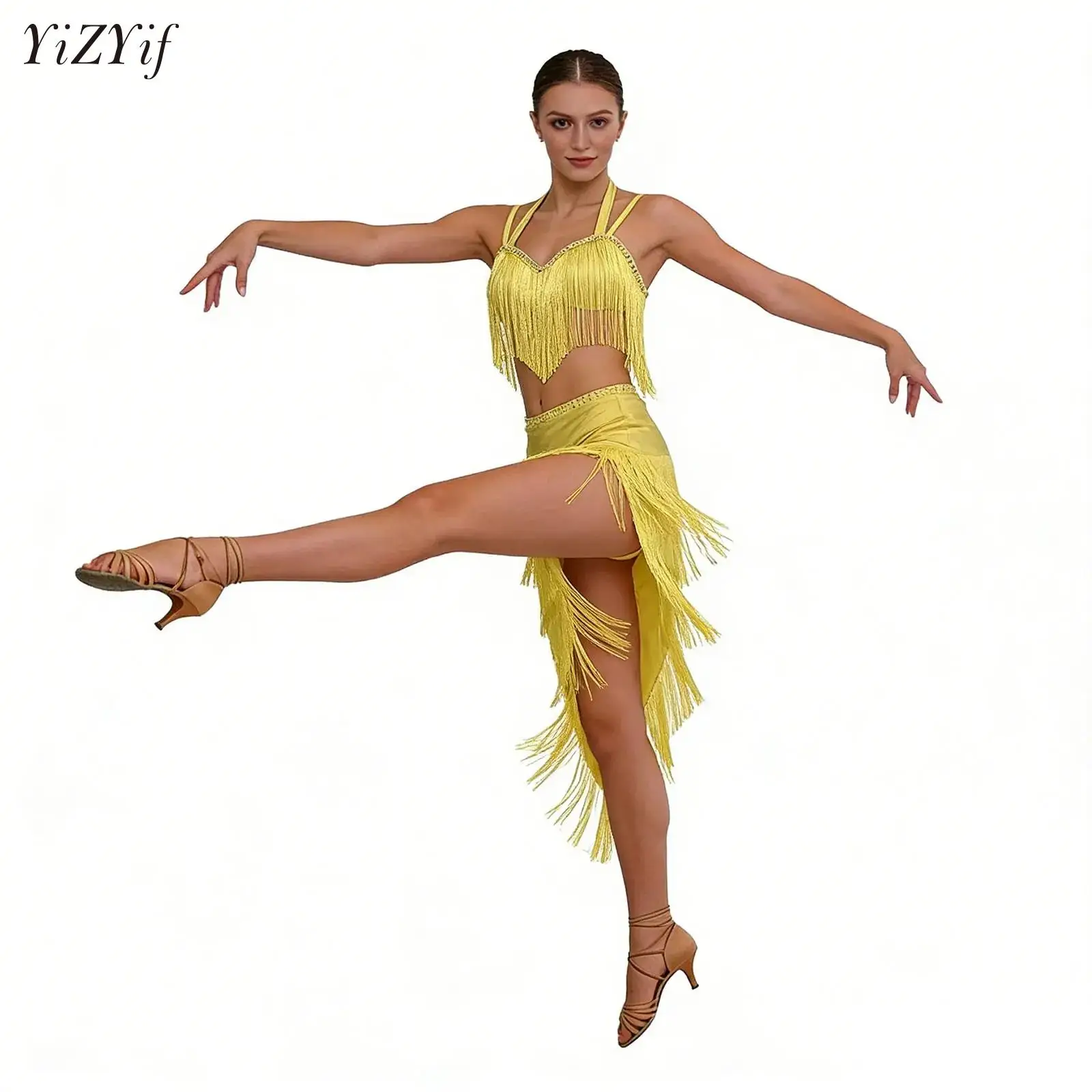 

Womens Adult Gymnastics Jersey Tassels Latin Salsa Chacha Tango Dance Performance Dress Costume Fringe Crop Top with Skirt Set