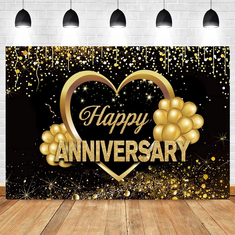 Happy Anniversary Backdrop For Photography Gold Balloon Glitter Love Heart Wedding Birthday Party Bridal Shower Photo Background