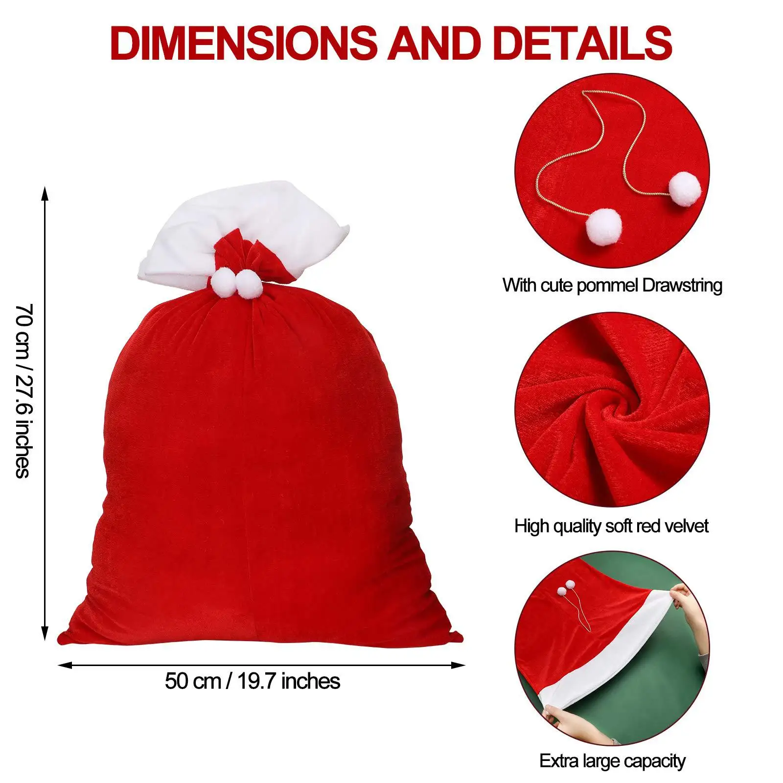 Large Size Santa Claus Christmas Sack Bag Drawstring Red Velvet Xmas Sacks for Presents Kids Stocking Stuffer Bags for Gifts