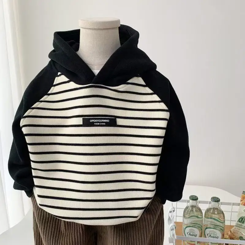 

Kids Boy's Velvet Thickened Hooded Sweatshirt Autumn Winter Children's Clothing Fashion Striped Casual Top 2-7Y Pullover Hoodie