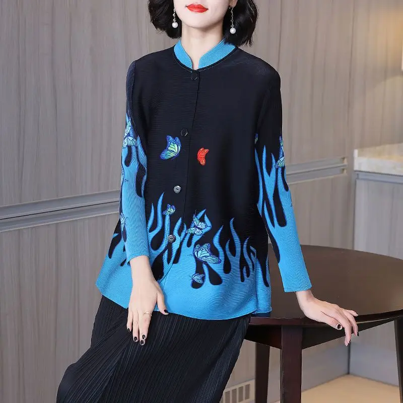 Autumn Top Women\'s New 2023 Shirt Reduced Age Printed Pleated Large Sleeve Women\'s Shirt  jumper  LOOSE