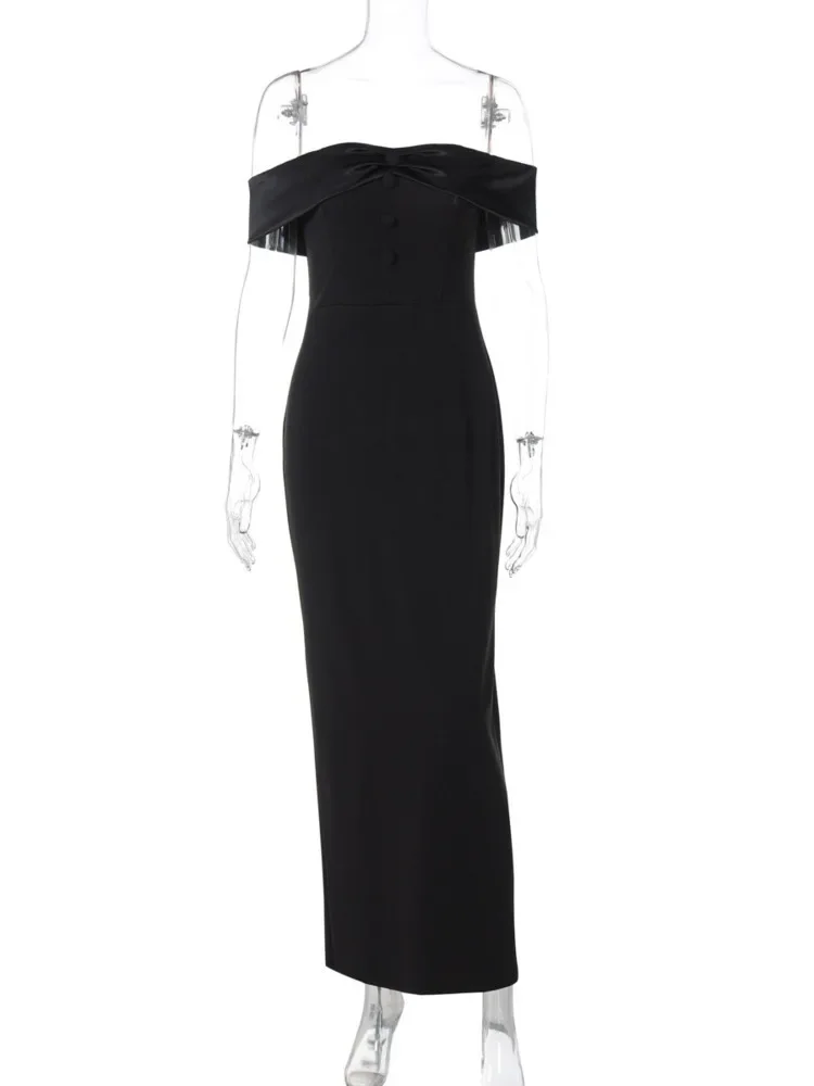 Off-shoulder Strapless Sexy Maxi Dress Women Black Elegant High Waist Sleeveless Backless Bodycon Split Sexy Club Dress