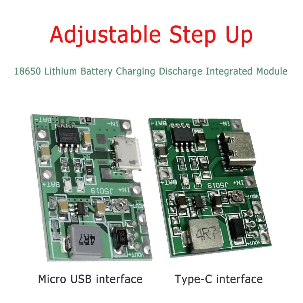 C형 마이크로 USB 3.7V ~ 9V 5V 2A 조절식 승압 18650 리튬이온 배터리 충전 및 방전 통합 모듈