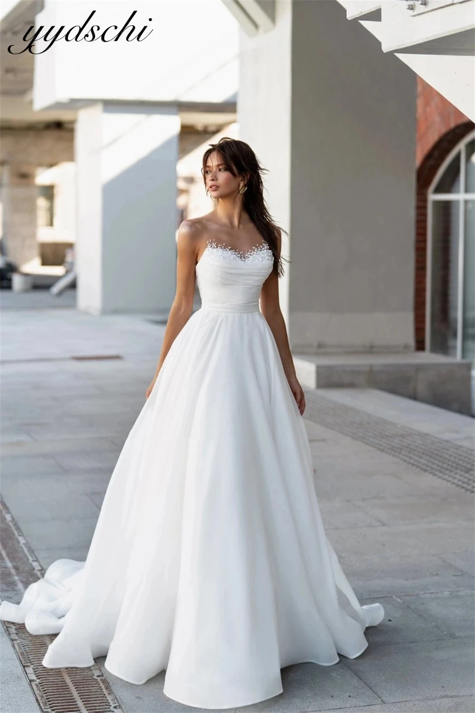 Vestidos De novia elegantes personalizados con escote corazón y perlas De gasa 2025 para mujer, Vestidos De novia con tren De corte, Vestidos De novia