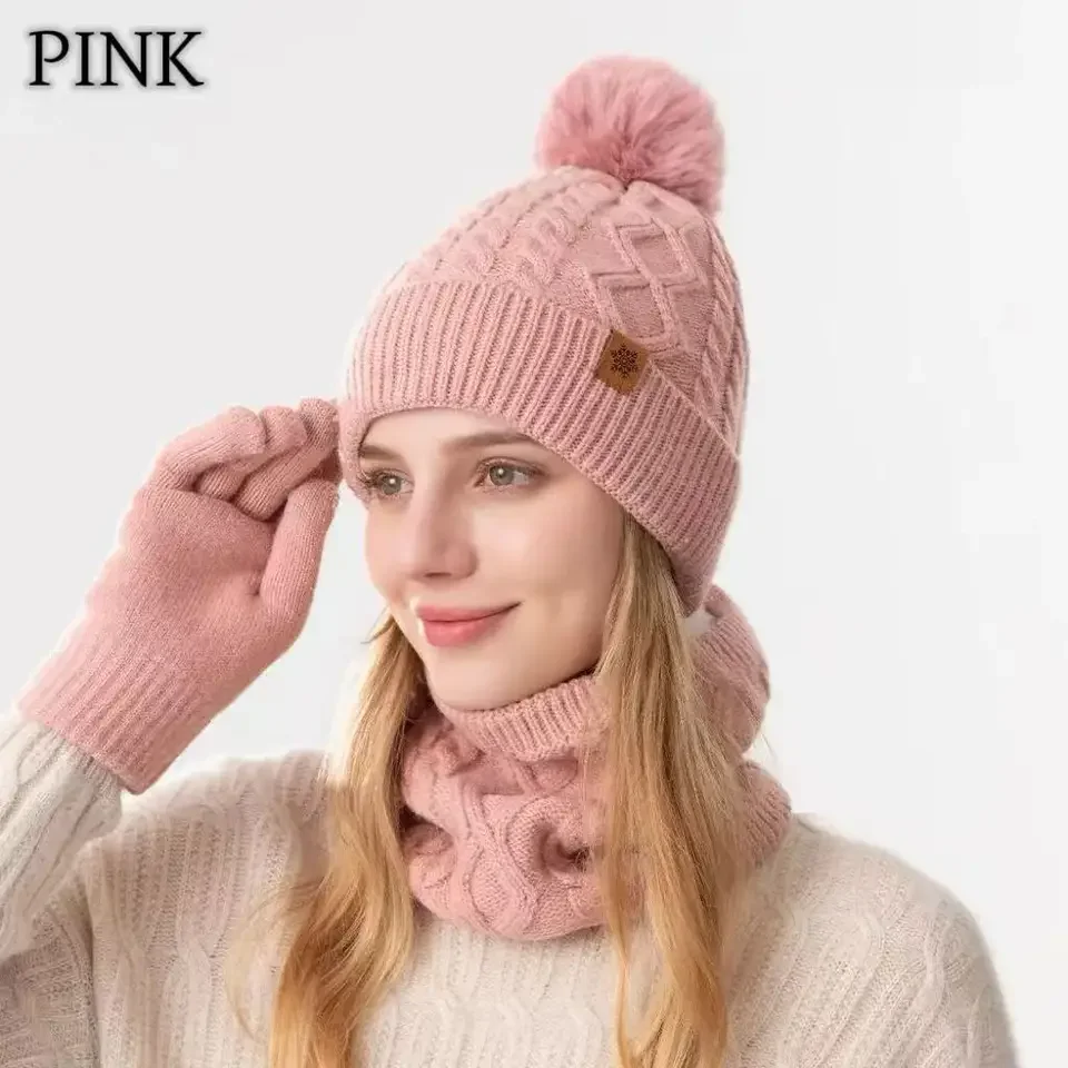 Winter-Set mit gestrickten Schals und Mützen und Handschuhen – mit Fleece gefüttertes warmes Thermo-Zubehör für Outdoor-Fahren