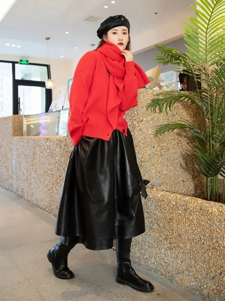 Asymmetrical Design A-Line Genuine Leather Skirt Women Elastic Waist Harajuku Casual Bowknot High Waist Sheepskin Skirts S-4XL