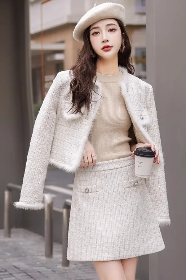 

​​Petite Plaid Tweed Short Set Women 2025 Textured Round Neck Fall Winter Mini Skirt Suit Tailored Fit Coordinates​​
