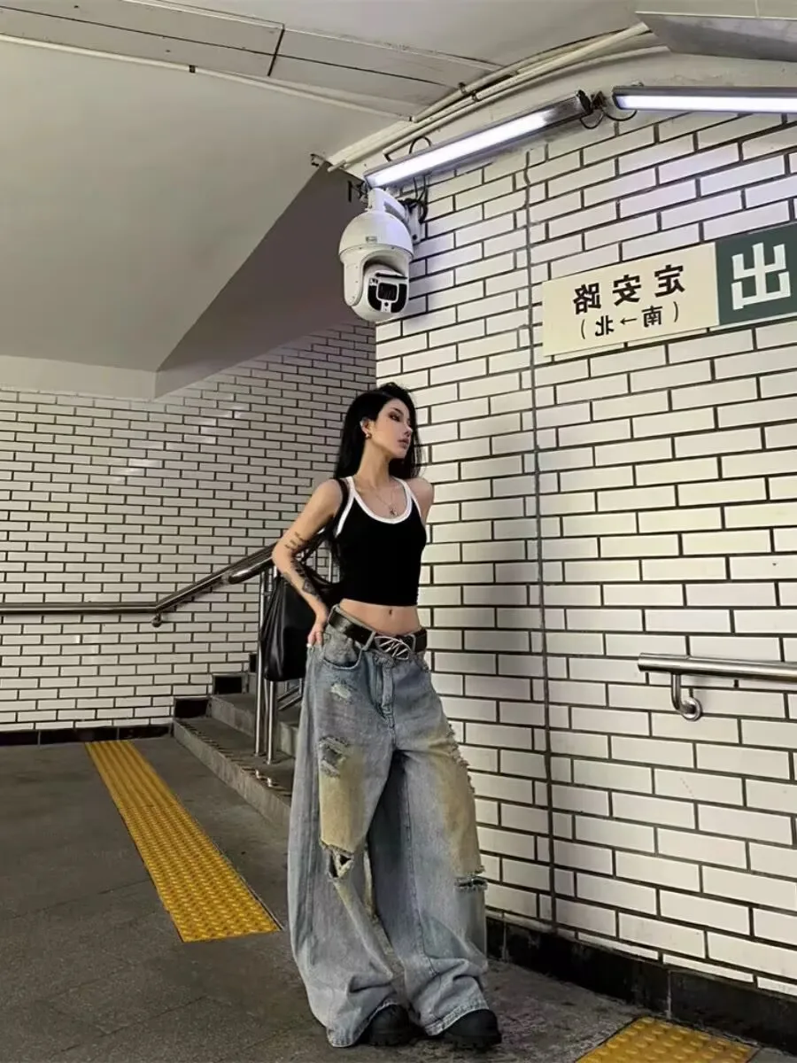 

Women's American Vintage Distressed Ripped Jeans Handmade Brush Color Straight Wide Leg Denim Pants Slim Casual Trousers