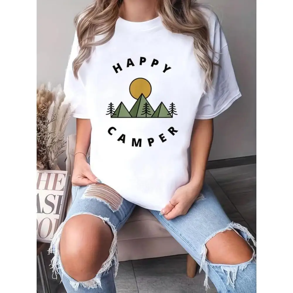 

Happy Camper T-Shirt Outdoor Mountain Forest Graphic Tee, Nature Adventure Travel Gift for Women, Minimalist Hiking Camping Top